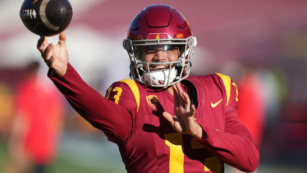 Caleb Williams releases the ball on a throw